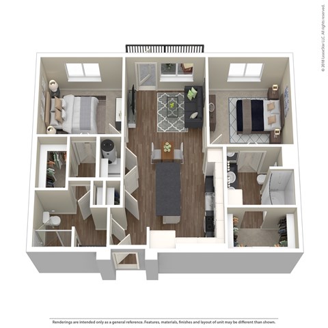 A floor plan of a house with a kitchen, living room, dining room, and two bedrooms.